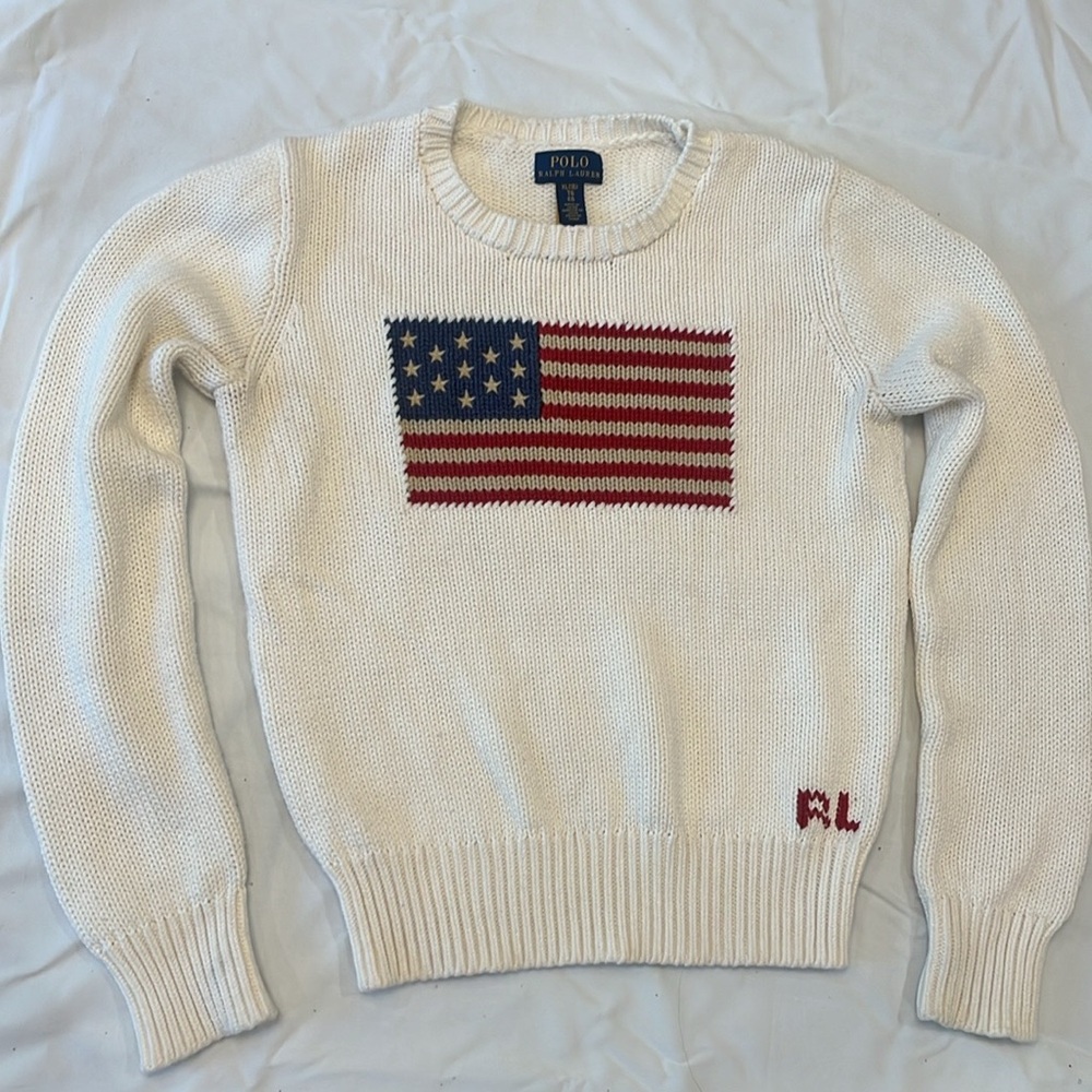 Ralph Lauren Flag Cotton Crewneck Sweater Girls XL runs small fits 10-12